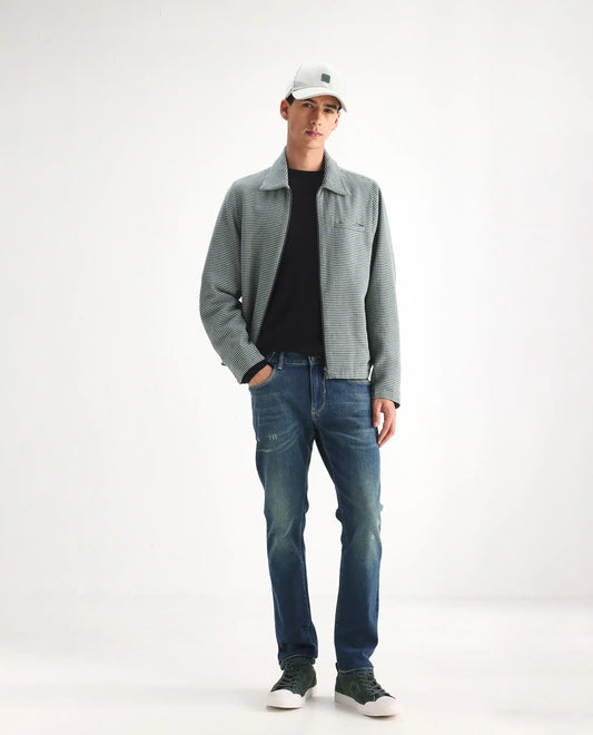 Rare Rabbit Men's Coro Pastel Blue Cotton Blend Plain Hawk Slim Fit Jeans