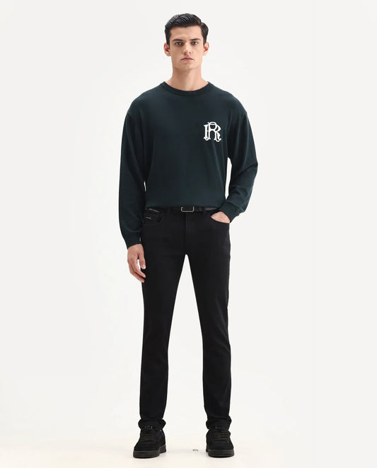 Rare Rabbit Men's Corvo Black Cotton Blend Plain Hawk Slim Fit Jeans
