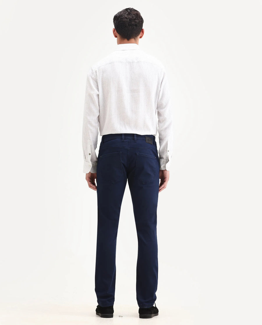 Rare Rabbit Men's Corvo Blue Cotton Blend Plain Hawk Slim Fit Jeans