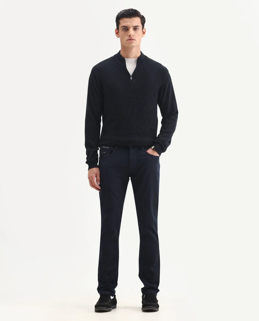 Rare Rabbit Men's Corvo Navy Cotton Blend Plain Hawk Slim Fit Jeans