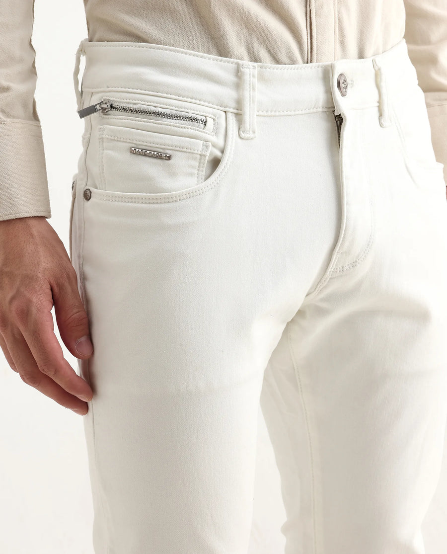 Rare Rabbit Men's Corvo Off White Cotton Blend Plain Hawk Slim Fit Jeans
