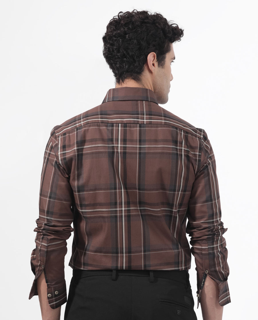 Rare Rabbit Men's Cosen Dark Brown Cotton Checked Print Regular Fit Full Sleeve Collared Shirt
