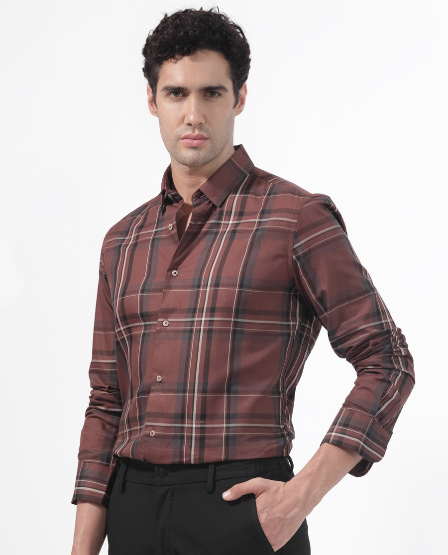 Rare Rabbit Men's Cosen Dark Brown Cotton Checked Print Regular Fit Full Sleeve Collared Shirt