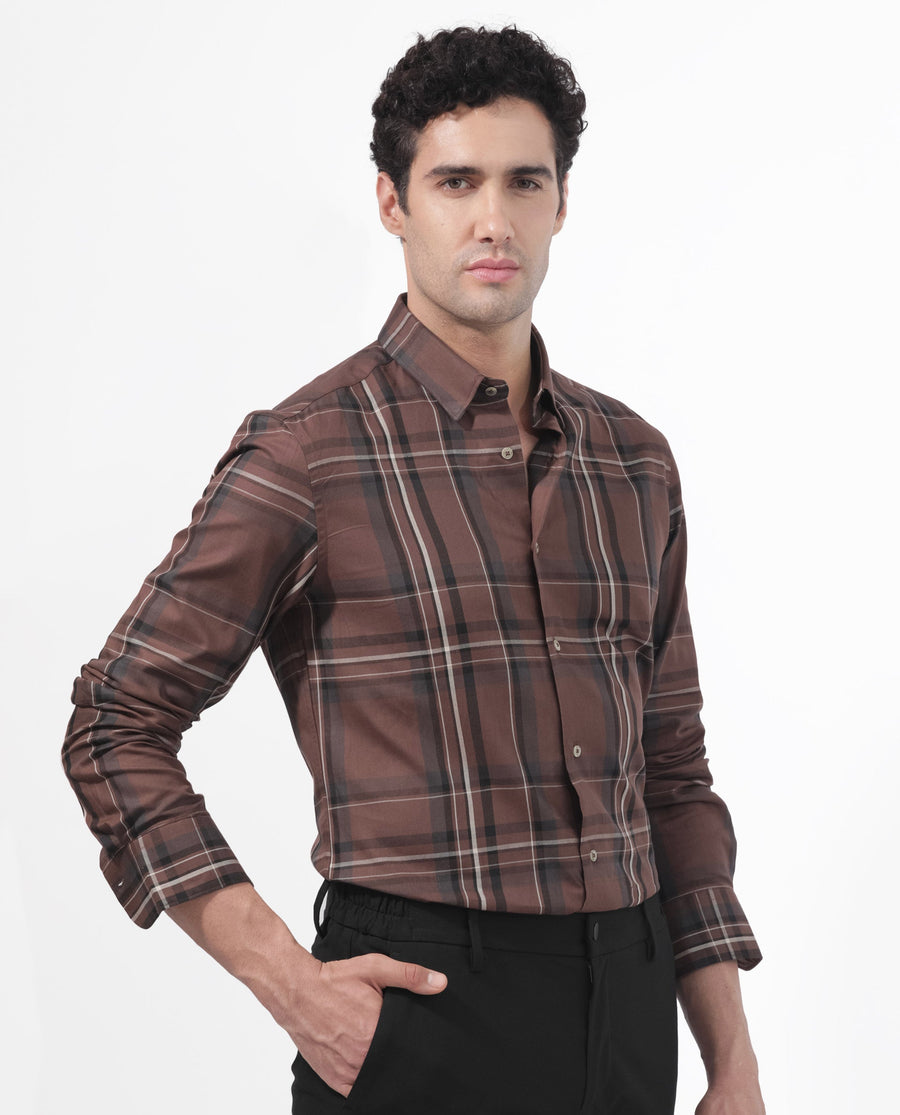 Rare Rabbit Men's Cosen Dark Brown Cotton Checked Print Regular Fit Full Sleeve Collared Shirt