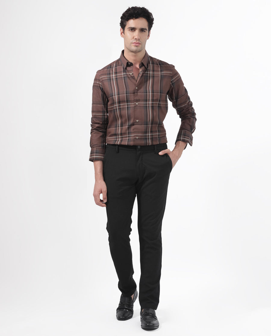 Rare Rabbit Men's Cosen Dark Brown Cotton Checked Print Regular Fit Full Sleeve Collared Shirt