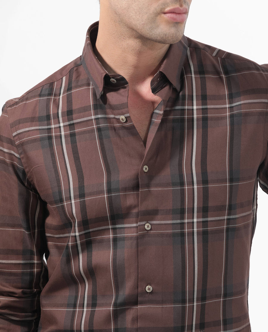 Rare Rabbit Men's Cosen Dark Brown Cotton Checked Print Regular Fit Full Sleeve Collared Shirt