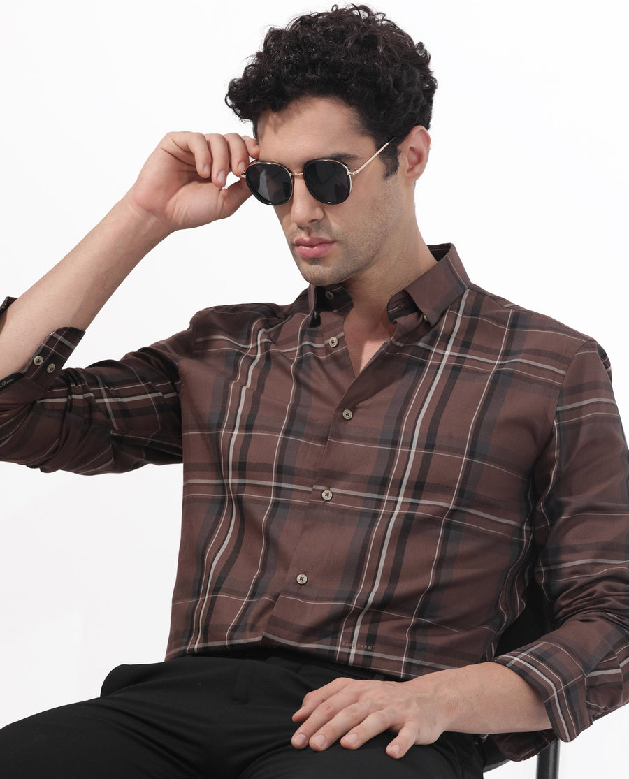 Rare Rabbit Men's Cosen Dark Brown Cotton Checked Print Regular Fit Full Sleeve Collared Shirt