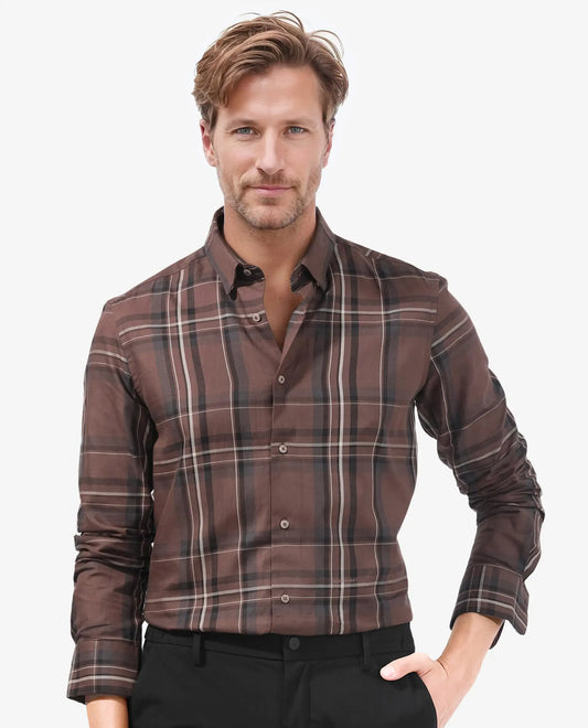 Rare Rabbit Men's Cosen Dark Brown Cotton Checked Print Regular Fit Full Sleeve Collared Shirt