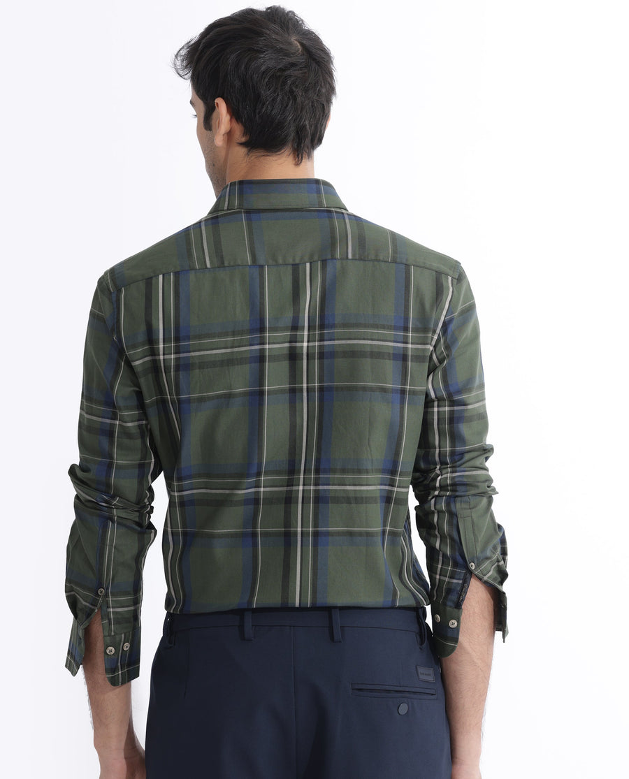 Rare Rabbit Men's Cosen Dark Green Cotton Checked Print Regular Fit Full Sleeve Collared Shirt