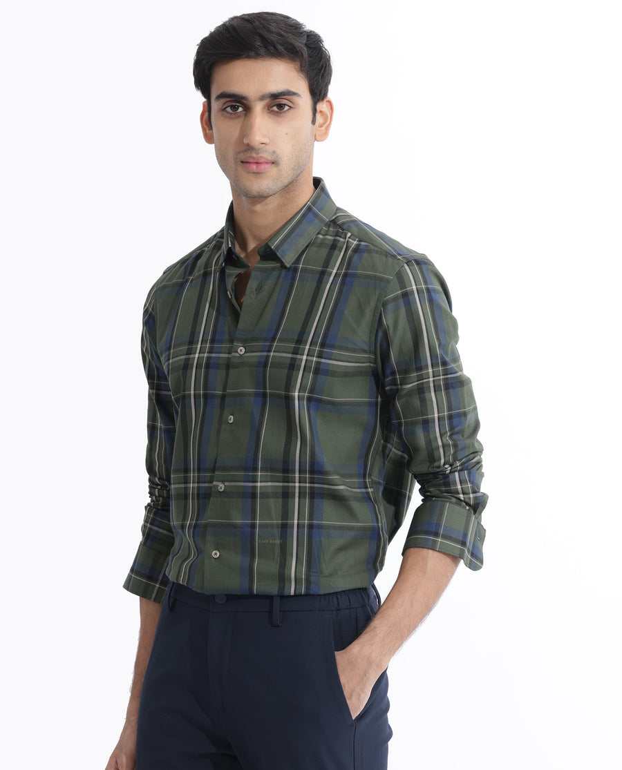 Rare Rabbit Men's Cosen Dark Green Cotton Checked Print Regular Fit Full Sleeve Collared Shirt