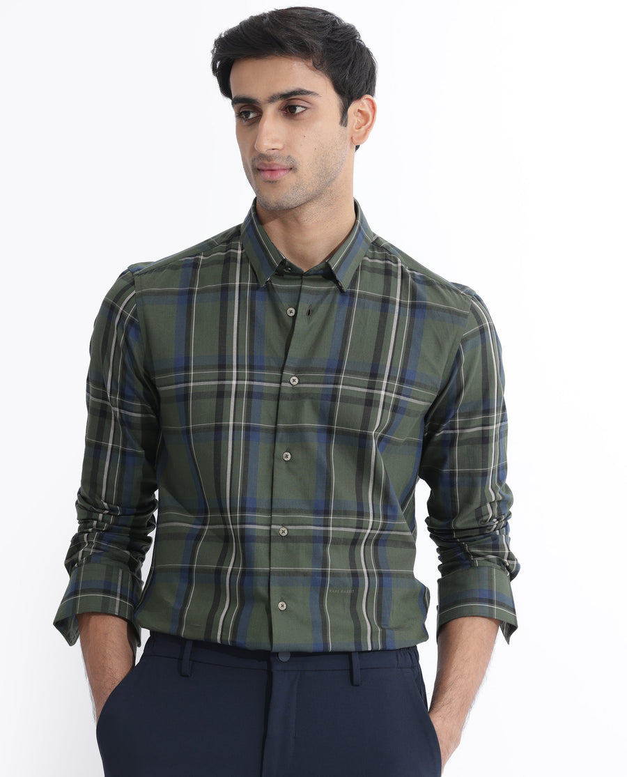 Rare Rabbit Men's Cosen Dark Green Cotton Checked Print Regular Fit Full Sleeve Collared Shirt
