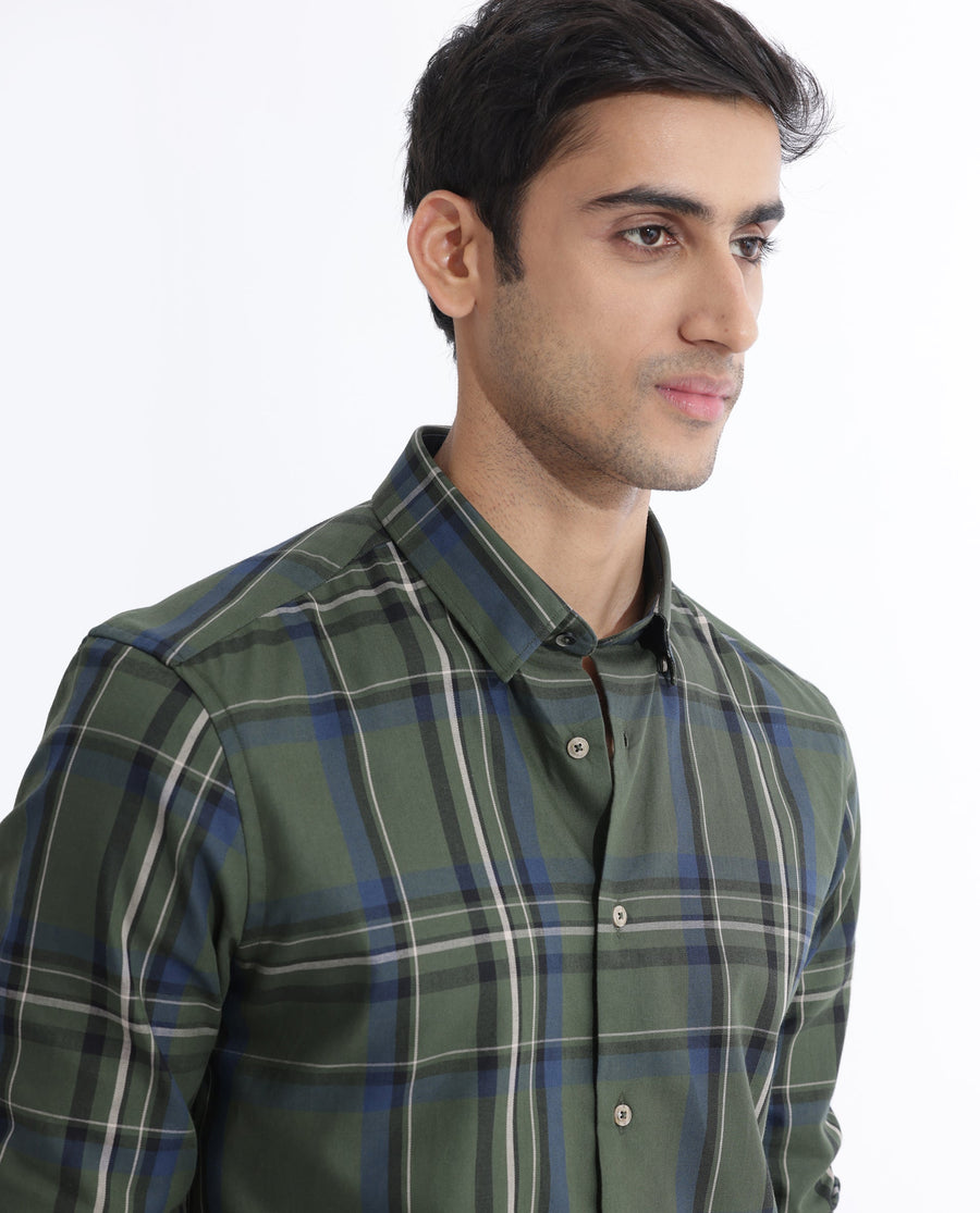 Rare Rabbit Men's Cosen Dark Green Cotton Checked Print Regular Fit Full Sleeve Collared Shirt