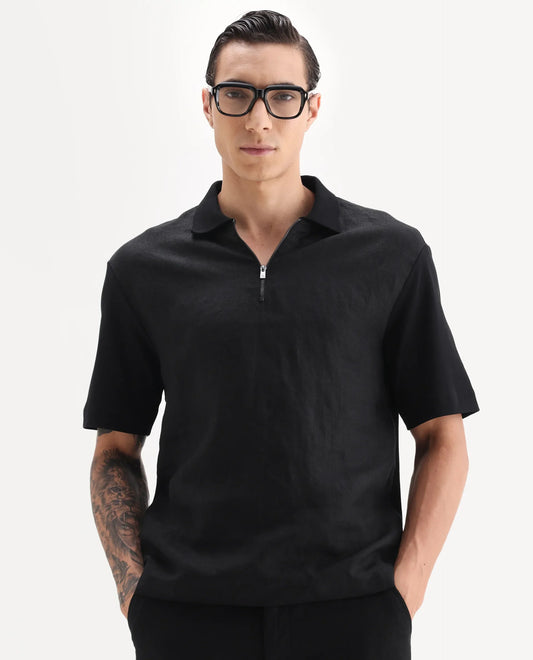 Rare Rabbit Men's Cosma Black Linen Blend Fabric Half Sleeve Spread Collar Plain Polo