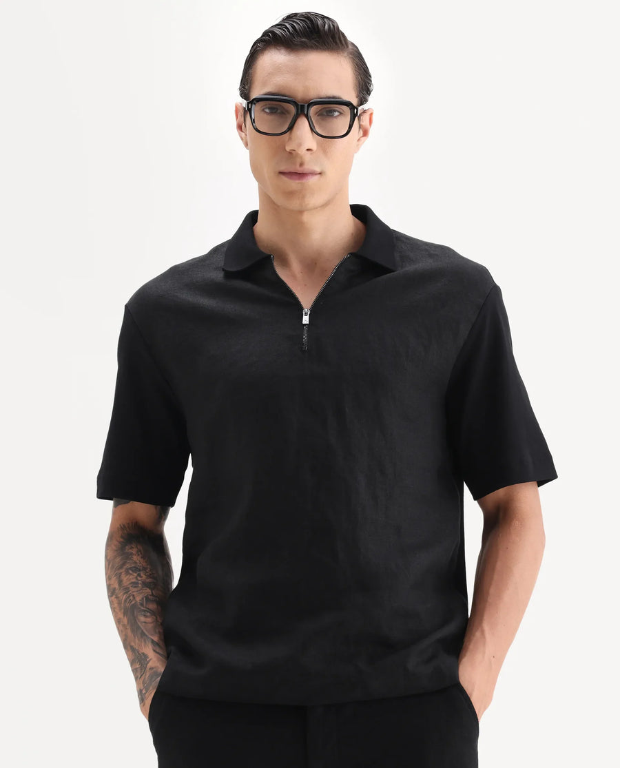 Rare Rabbit Men's Cosma Black Linen Blend Fabric Half Sleeve Spread Collar Plain Polo