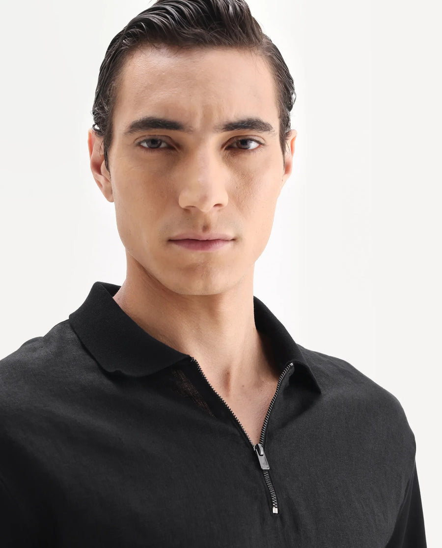 Rare Rabbit Men's Cosma Black Linen Blend Fabric Half Sleeve Spread Collar Plain Polo