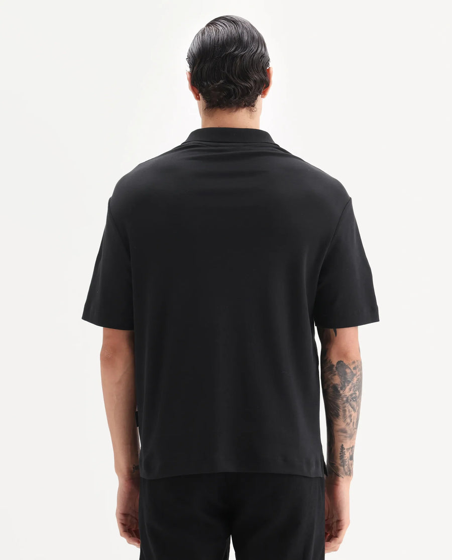 Rare Rabbit Men's Cosma Black Linen Blend Fabric Half Sleeve Spread Collar Plain Polo