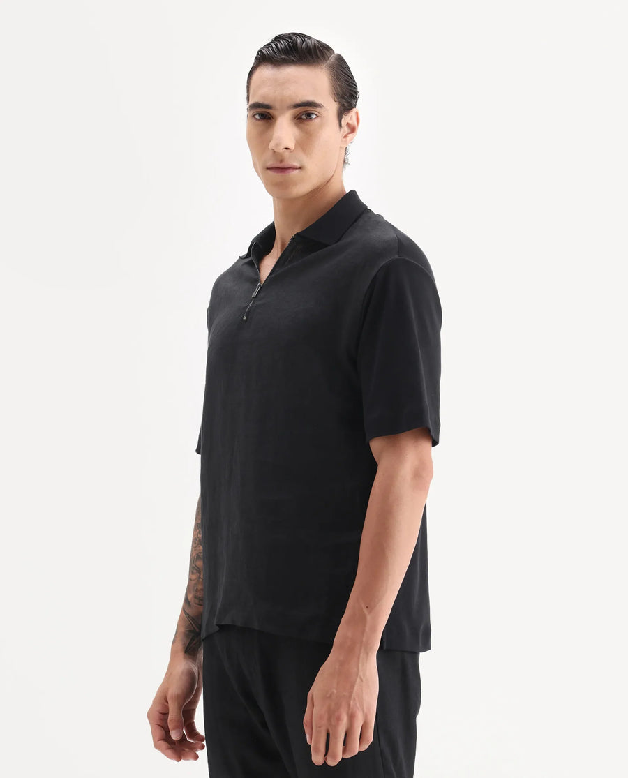 Rare Rabbit Men's Cosma Black Linen Blend Fabric Half Sleeve Spread Collar Plain Polo