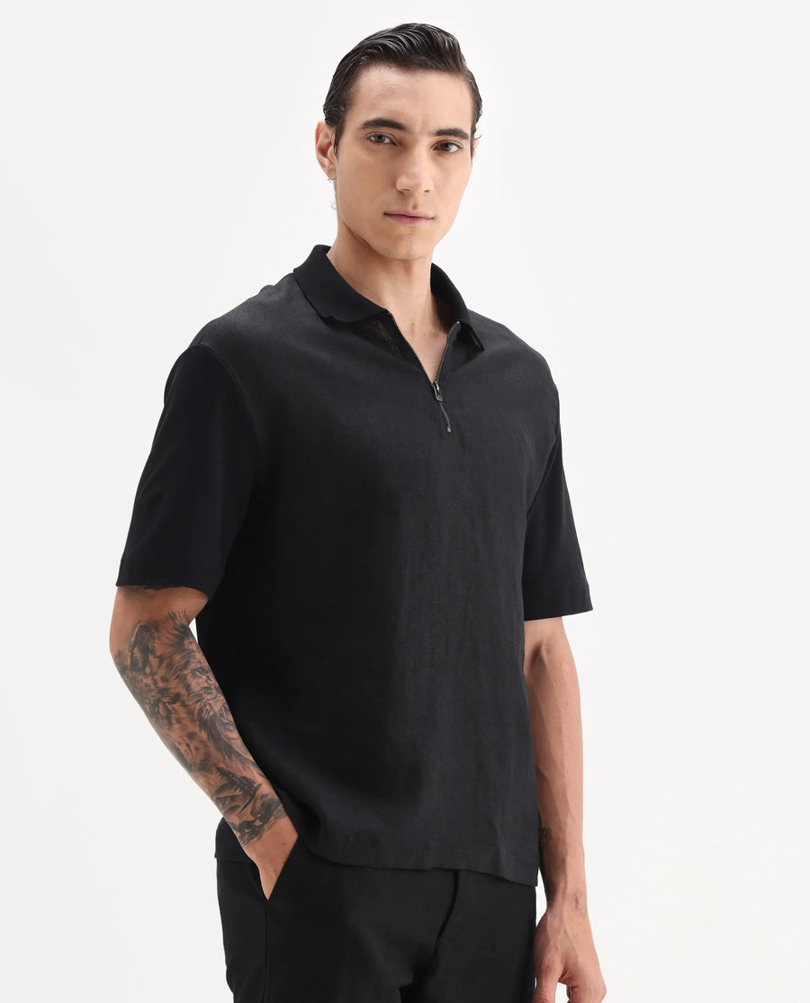 Rare Rabbit Men's Cosma Black Linen Blend Fabric Half Sleeve Spread Collar Plain Polo
