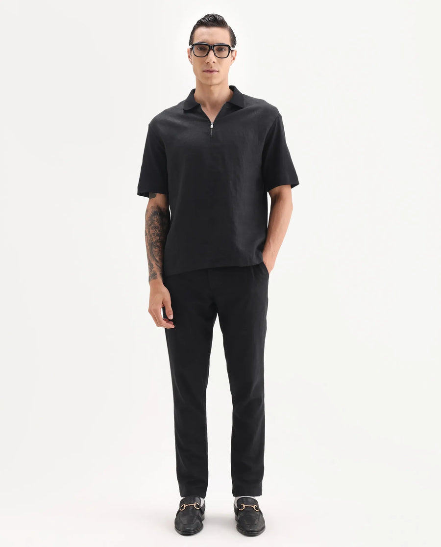 Rare Rabbit Men's Cosma Black Linen Blend Fabric Half Sleeve Spread Collar Plain Polo