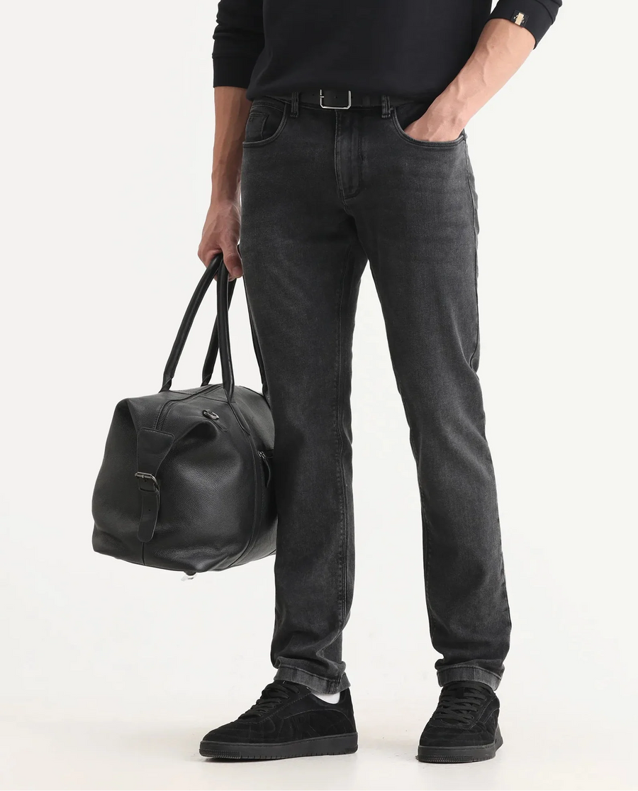 Rare Rabbit Men's Cosmog-1 Dark Grey Cotton Blend Fabric Hawk Slim Plain Jeans