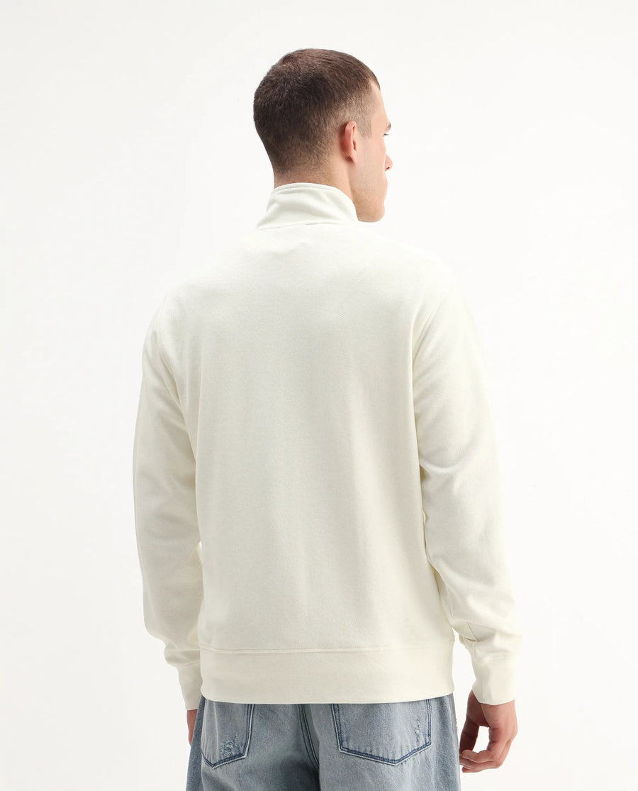 Rare Rabbit Men's Costo-J-S26 Off White Polyester Blend Fabric Full Sleeve High Neck Relaxed Fit Plain Sweatshirt