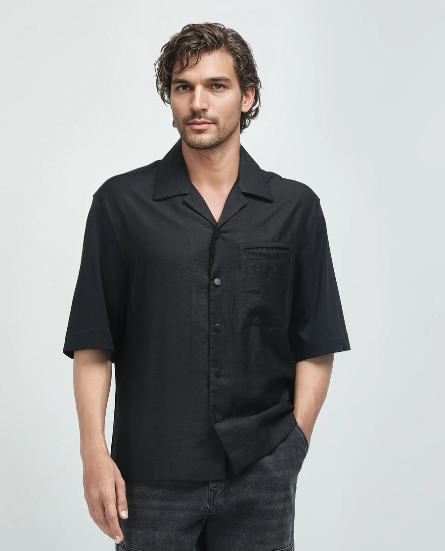 Rare Rabbit Men's Costo Black Viscose Blend Cut And Sew Boxy Fit Half Sleeve Cuban Collar Shirt