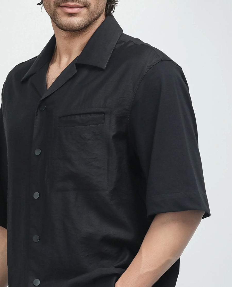 Rare Rabbit Men's Costo Black Viscose Blend Cut And Sew Boxy Fit Half Sleeve Cuban Collar Shirt