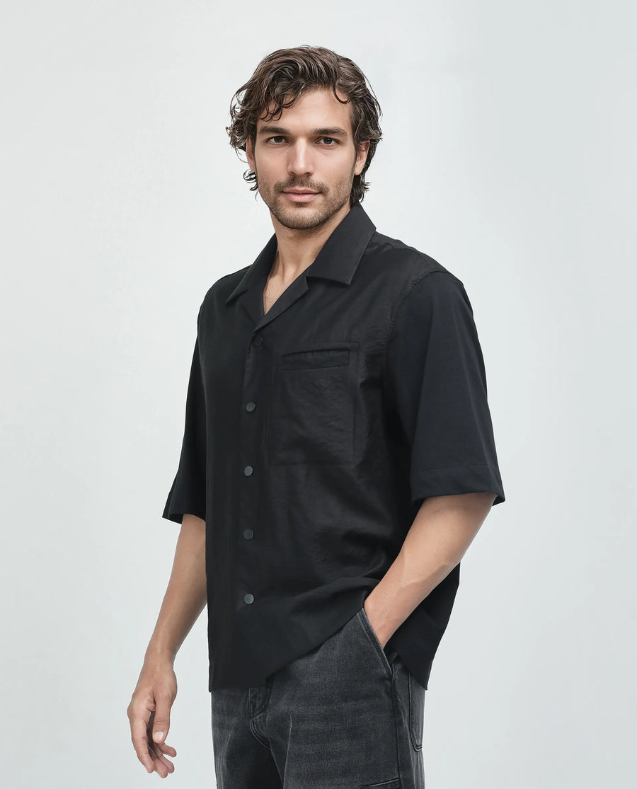 Rare Rabbit Men's Costo Black Viscose Blend Cut And Sew Boxy Fit Half Sleeve Cuban Collar Shirt