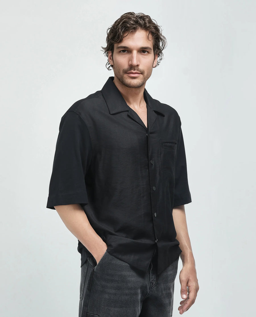 Rare Rabbit Men's Costo Black Viscose Blend Cut And Sew Boxy Fit Half Sleeve Cuban Collar Shirt