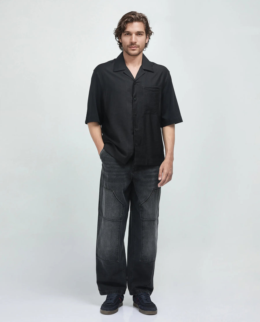 Rare Rabbit Men's Costo Black Viscose Blend Cut And Sew Boxy Fit Half Sleeve Cuban Collar Shirt