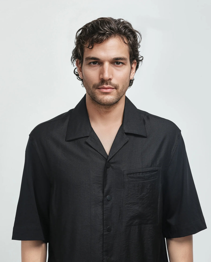 Rare Rabbit Men's Costo Black Viscose Blend Cut And Sew Boxy Fit Half Sleeve Cuban Collar Shirt
