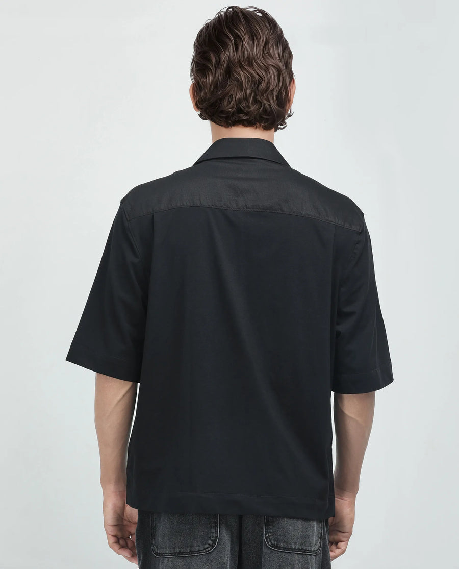Rare Rabbit Men's Costo Black Viscose Blend Cut And Sew Boxy Fit Half Sleeve Cuban Collar Shirt