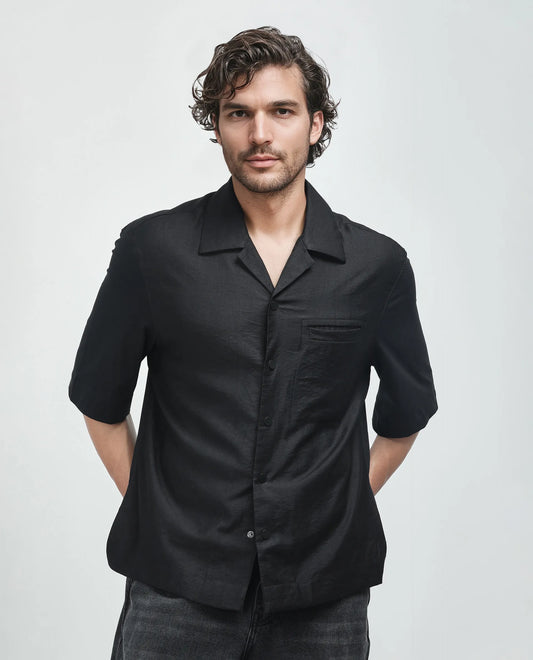 Rare Rabbit Men's Costo Black Viscose Blend Cut And Sew Boxy Fit Half Sleeve Cuban Collar Shirt