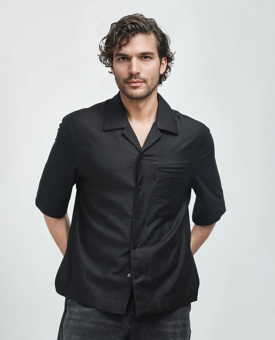 Rare Rabbit Men's Costo Black Viscose Blend Cut And Sew Boxy Fit Half Sleeve Cuban Collar Shirt