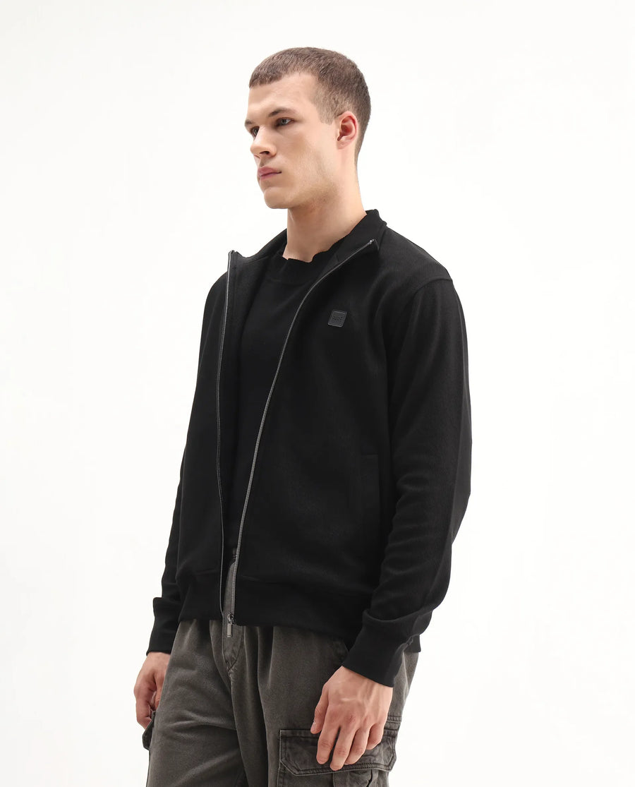 Rare Rabbit Men's Costo-J Black Polyester Blend Plain Regular Fit Full Sleeve High Neck Sweatshirt