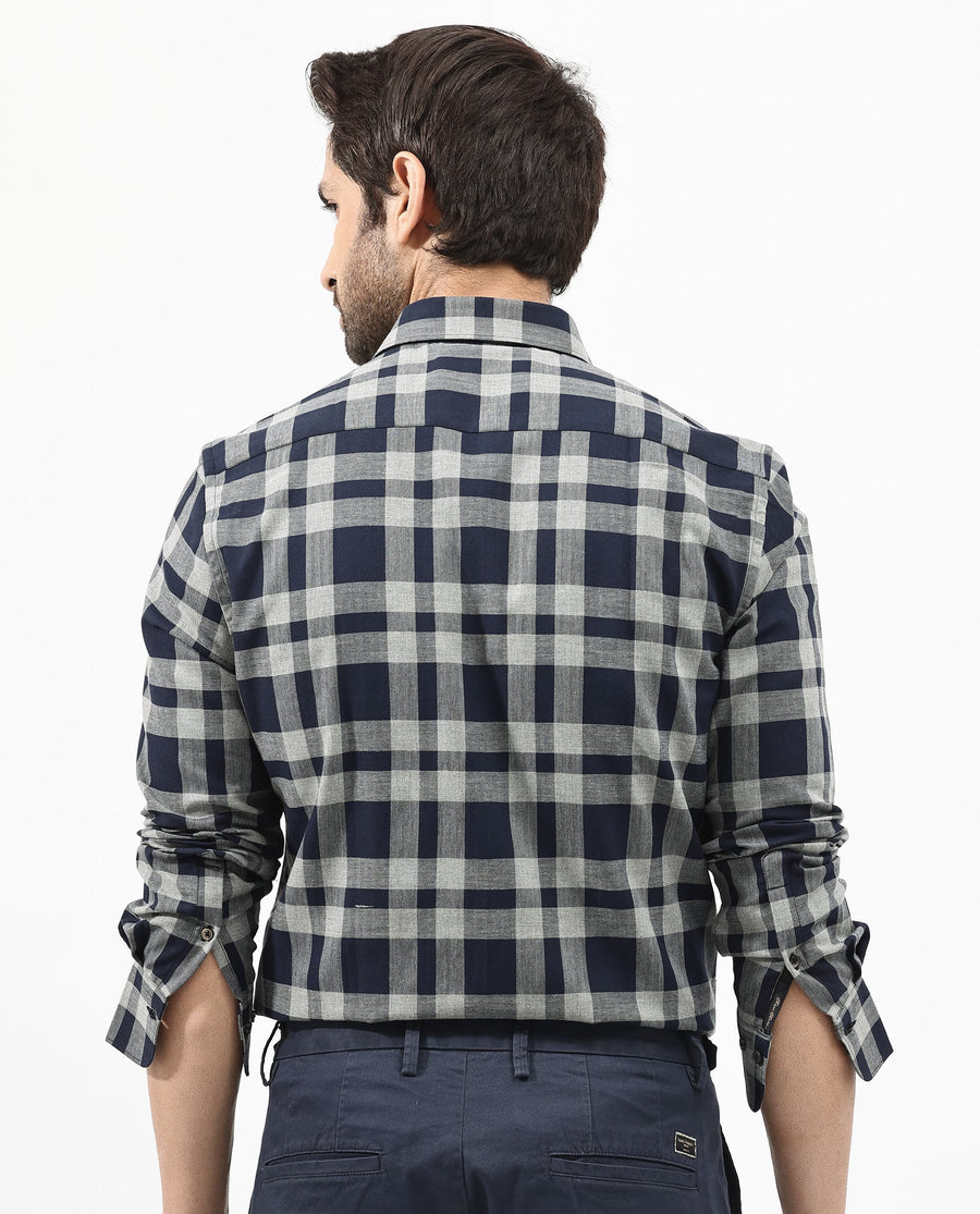 Rare Rabbit Men's Costy Navy Cotton Checked Print Regular Fit Full Sleeve Collared Shirt