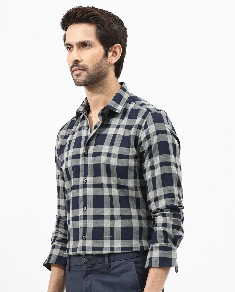 Rare Rabbit Men's Costy Navy Cotton Checked Print Regular Fit Full Sleeve Collared Shirt