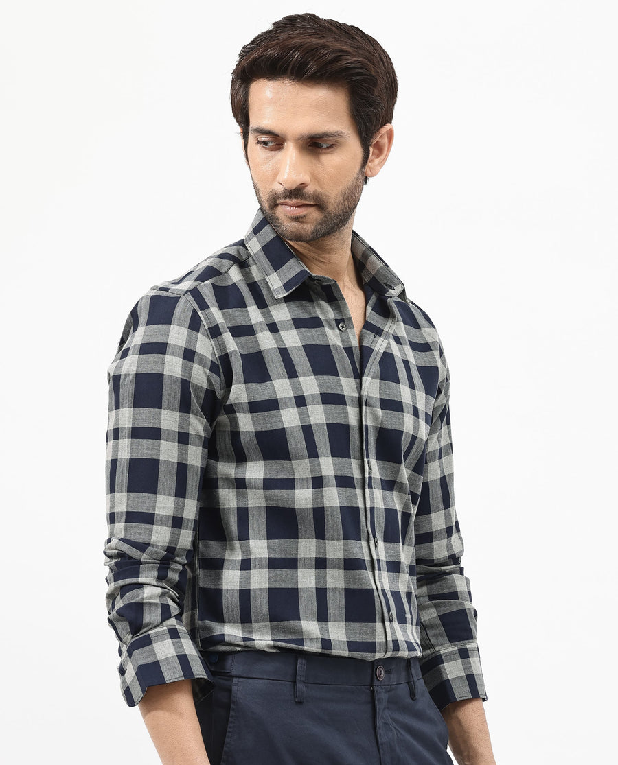 Rare Rabbit Men's Costy Navy Cotton Checked Print Regular Fit Full Sleeve Collared Shirt