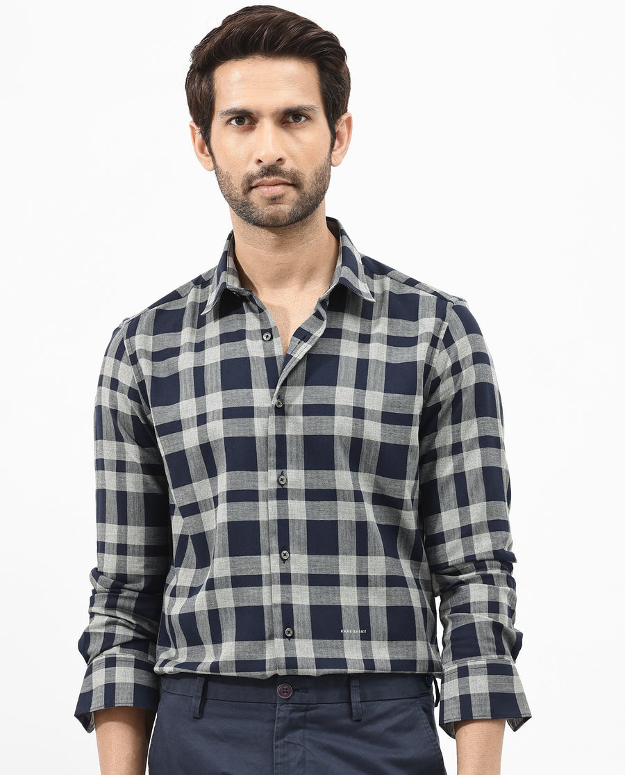 Rare Rabbit Men's Costy Navy Cotton Checked Print Regular Fit Full Sleeve Collared Shirt