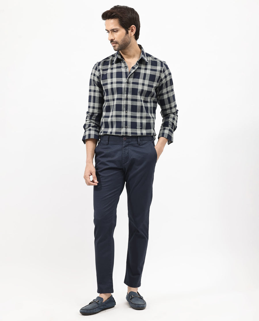 Rare Rabbit Men's Costy Navy Cotton Checked Print Regular Fit Full Sleeve Collared Shirt