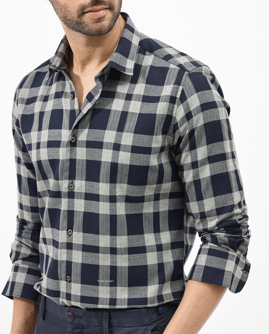 Rare Rabbit Men's Costy Navy Cotton Checked Print Regular Fit Full Sleeve Collared Shirt