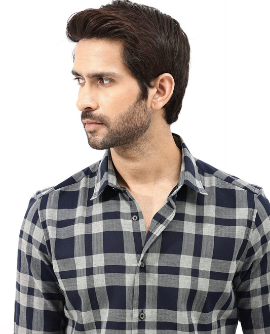 Rare Rabbit Men's Costy Navy Cotton Checked Print Regular Fit Full Sleeve Collared Shirt