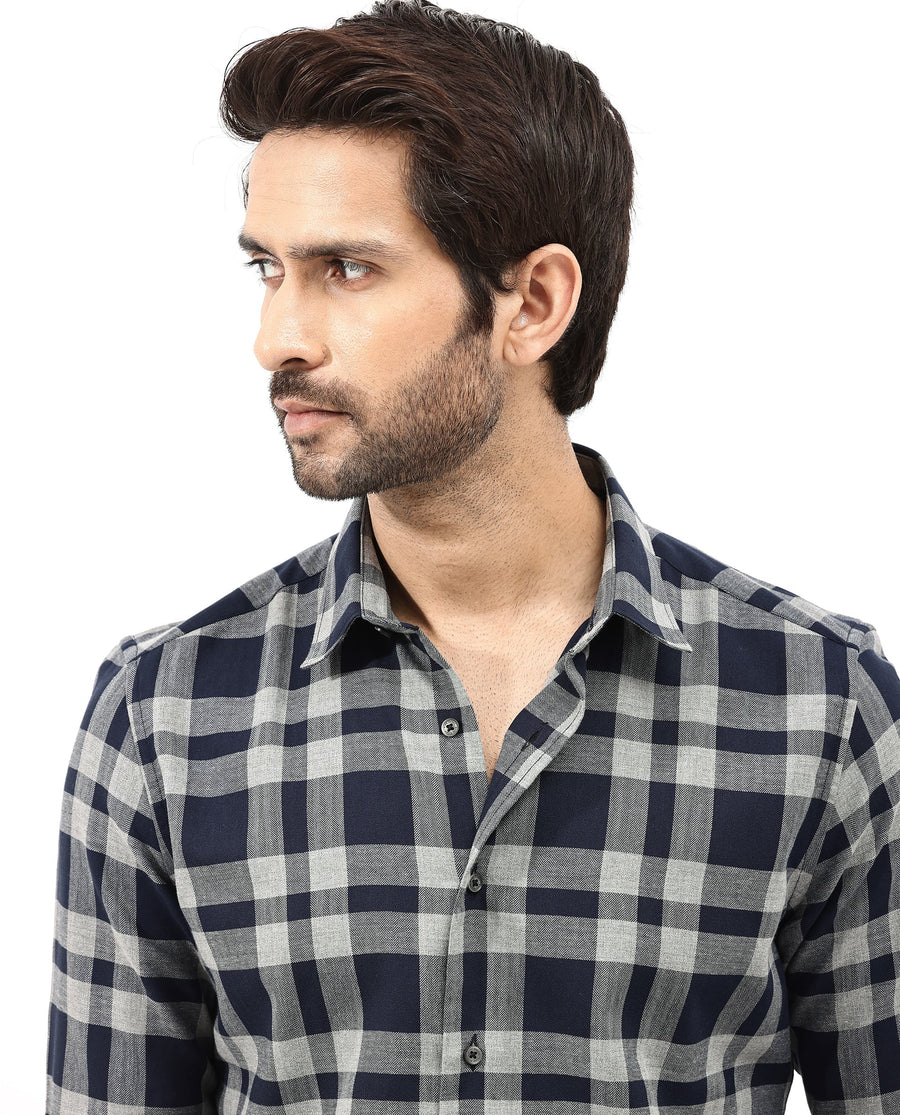 Rare Rabbit Men's Costy Navy Cotton Checked Print Regular Fit Full Sleeve Collared Shirt