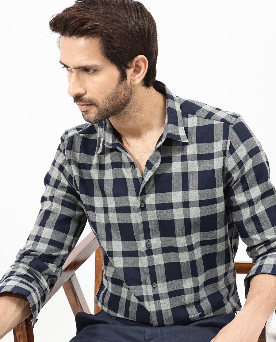 Rare Rabbit Men's Costy Navy Cotton Checked Print Regular Fit Full Sleeve Collared Shirt