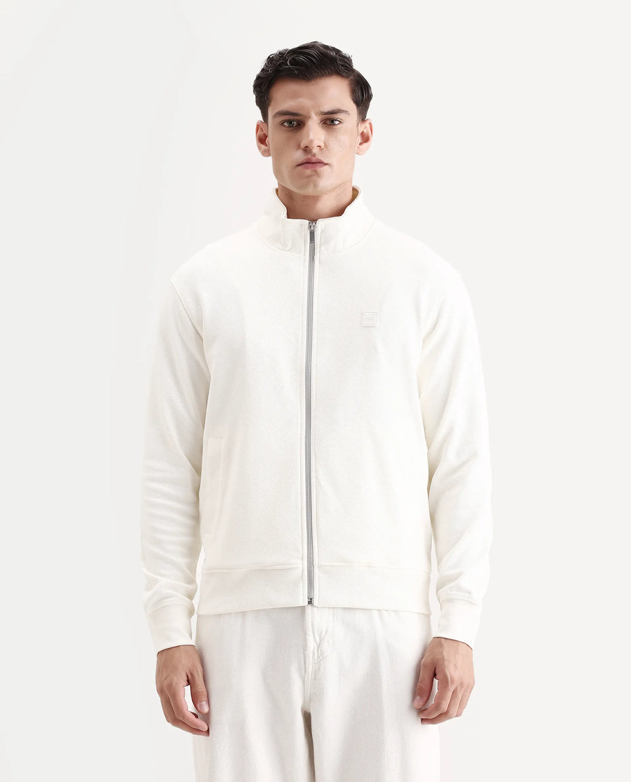 Rare Rabbit Men's Costo-J Off White Polyester Blend Plain Relaxed Fit Full Sleeve High Neck Sweatshirt