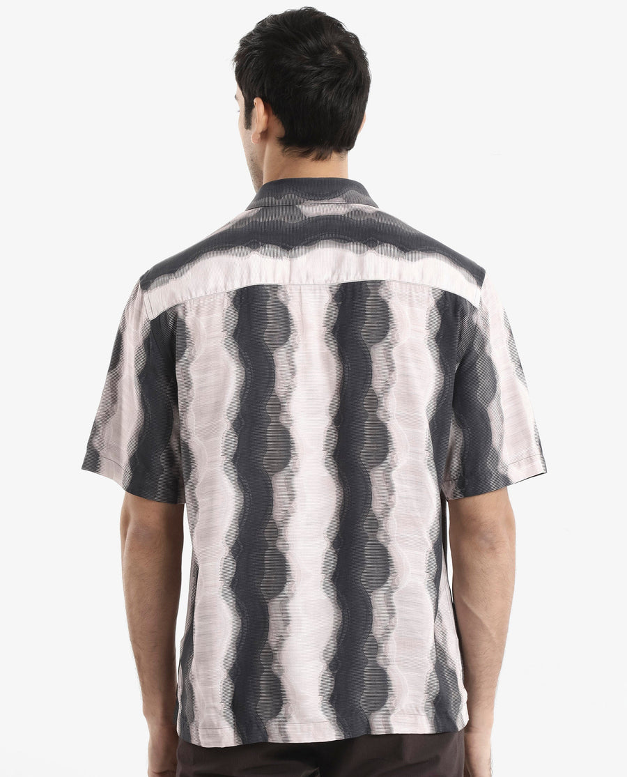 Rare Rabbit Men's Covel Black Viscose Abstract Print Regular Fit Half Sleeve Collared Shirt