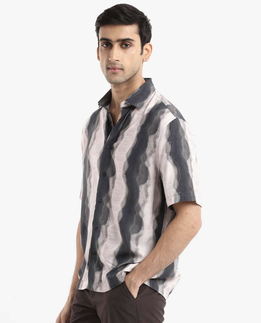 Rare Rabbit Men's Covel Black Viscose Abstract Print Regular Fit Half Sleeve Collared Shirt