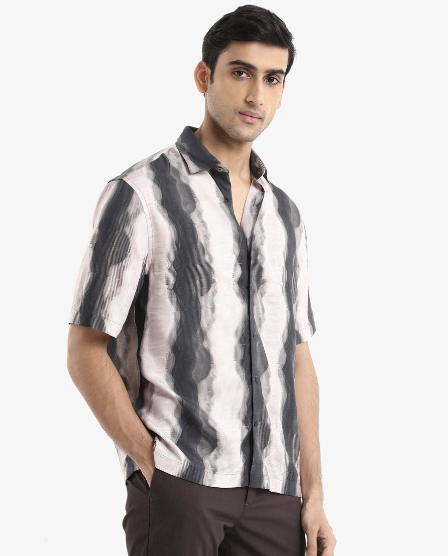 Rare Rabbit Men's Covel Black Viscose Abstract Print Regular Fit Half Sleeve Collared Shirt