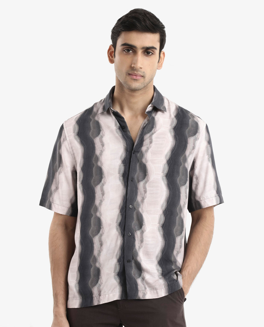 Rare Rabbit Men's Covel Black Viscose Abstract Print Regular Fit Half Sleeve Collared Shirt