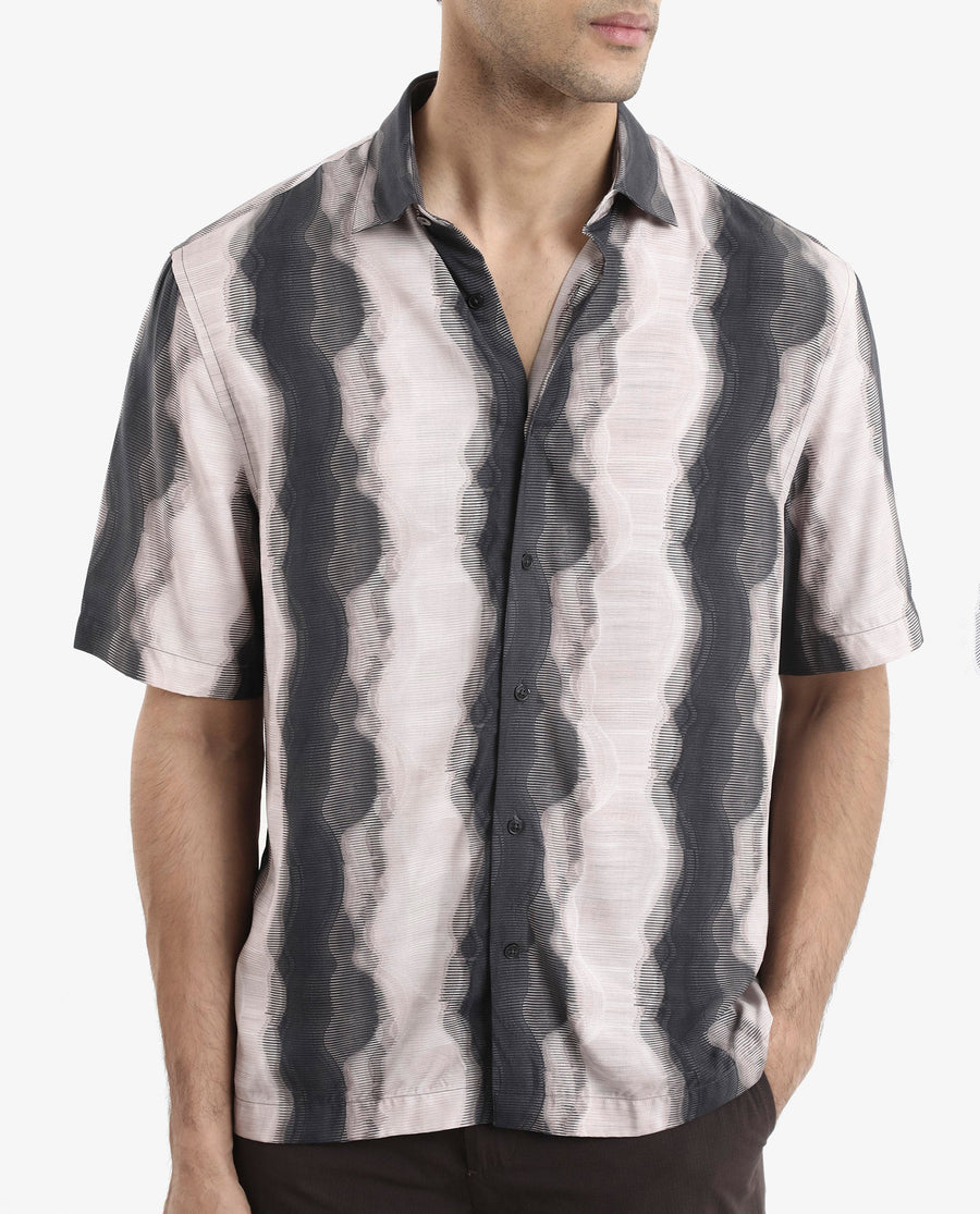Rare Rabbit Men's Covel Black Viscose Abstract Print Regular Fit Half Sleeve Collared Shirt